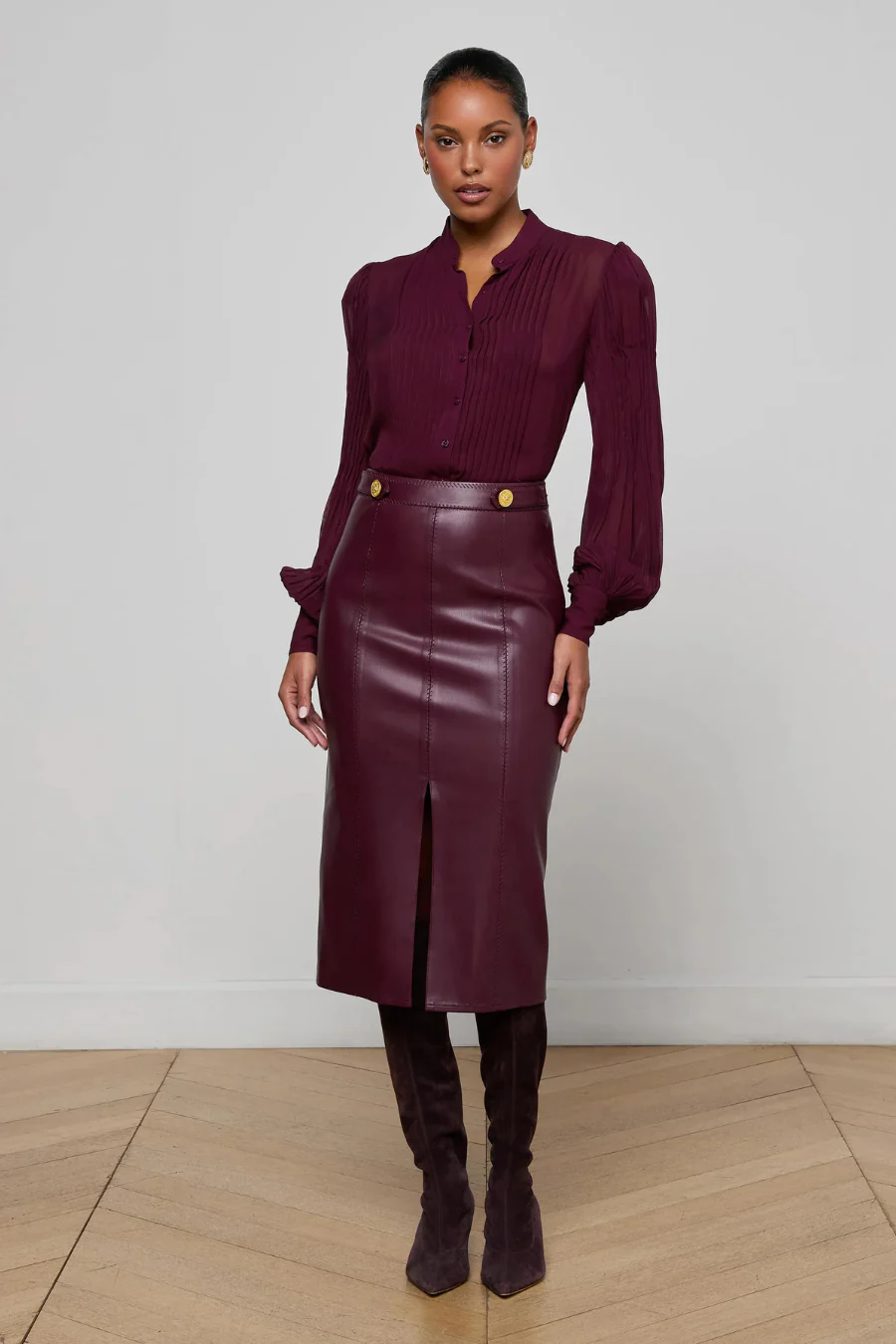 Arlette Vegan Leather Midi Skirt Dark Port