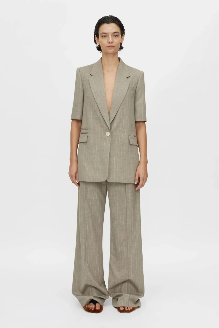 Arnelle Short Sleeve Blazer Natural Pinstripe
