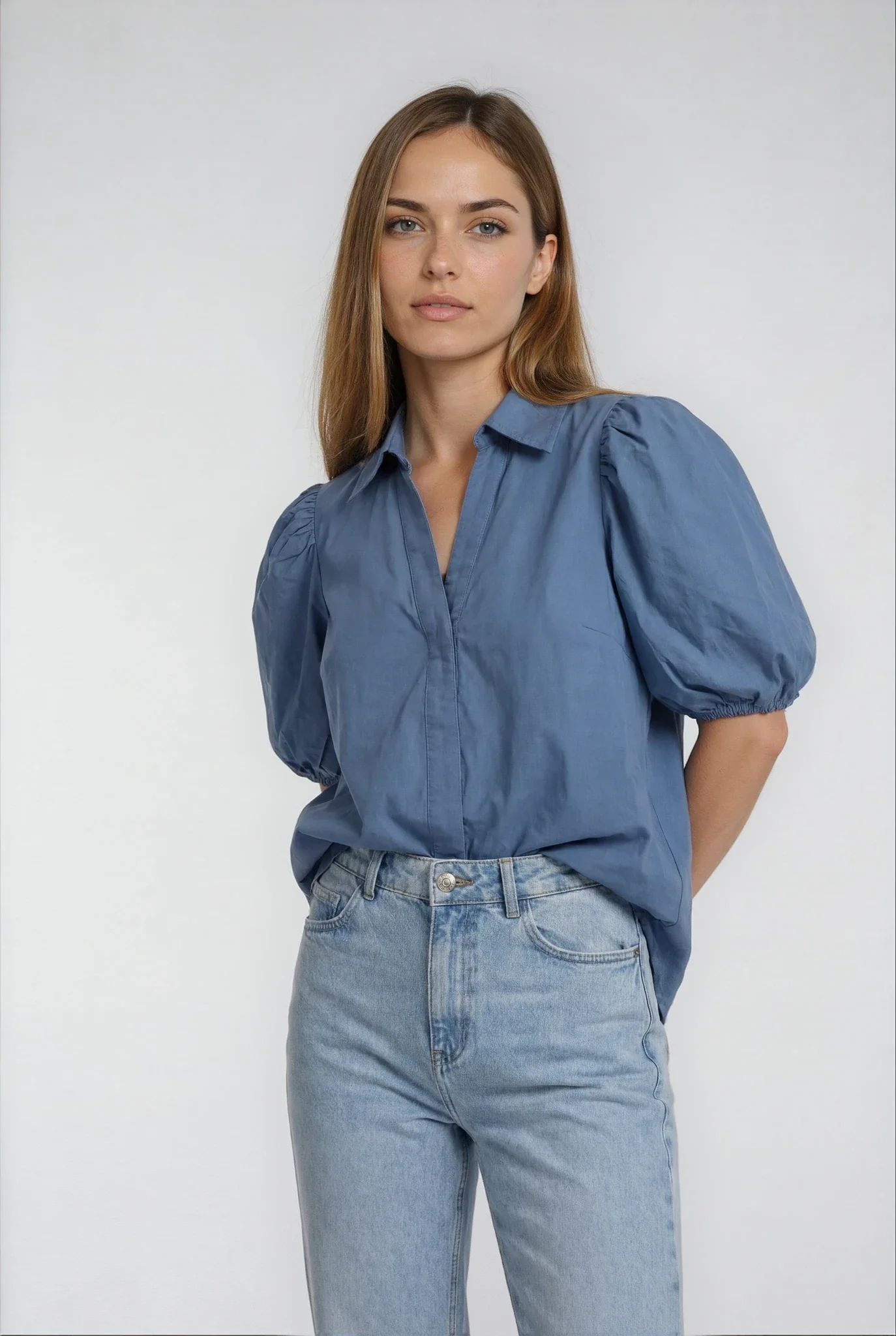Bec Puff Sleeve Blouse Mid Blue - Image 2