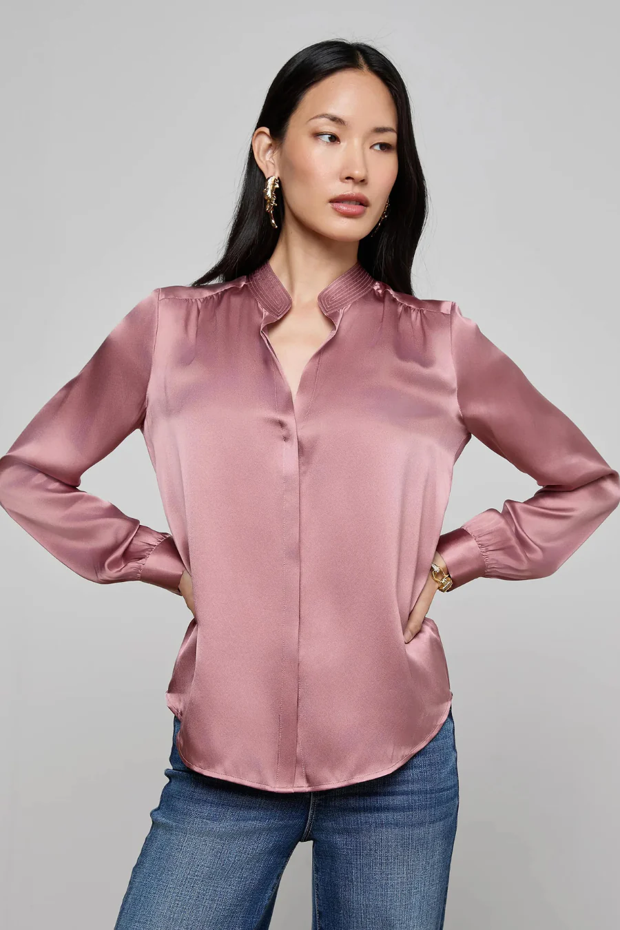 Bianca Band Collar Blouse Mauve Rose - Image 3