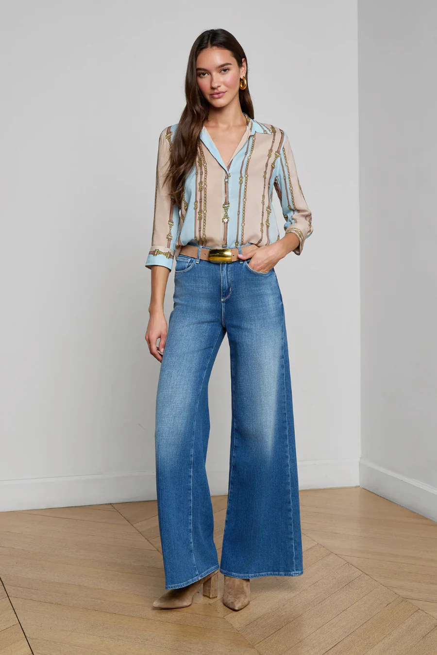Camille Blouse Taupe/ Light Sage Belt Stripe