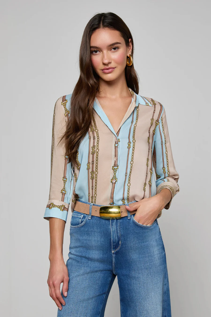 Camille Blouse Taupe/ Light Sage Belt Stripe - Image 3
