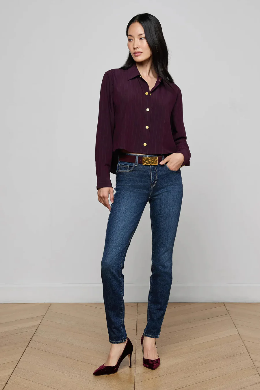 Cosette Crop Hi Low Shirt Dark Malbec Pinstripe