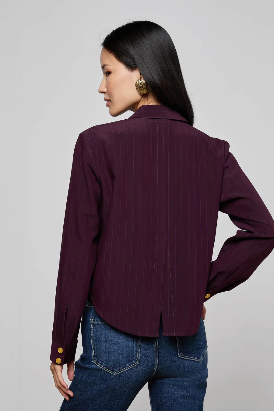 Cosette Crop Hi Low Shirt Dark Malbec Pinstripe - Image 2