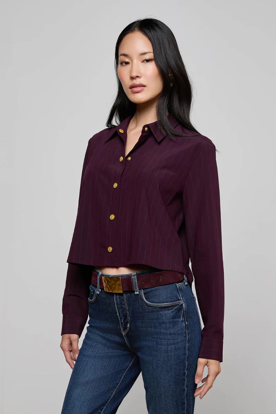 Cosette Crop Hi Low Shirt Dark Malbec Pinstripe - Image 3