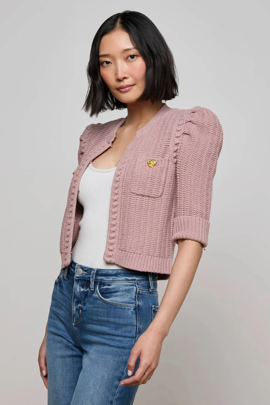Delilah Cropped Cardigan Light Mauve Gold - Image 3