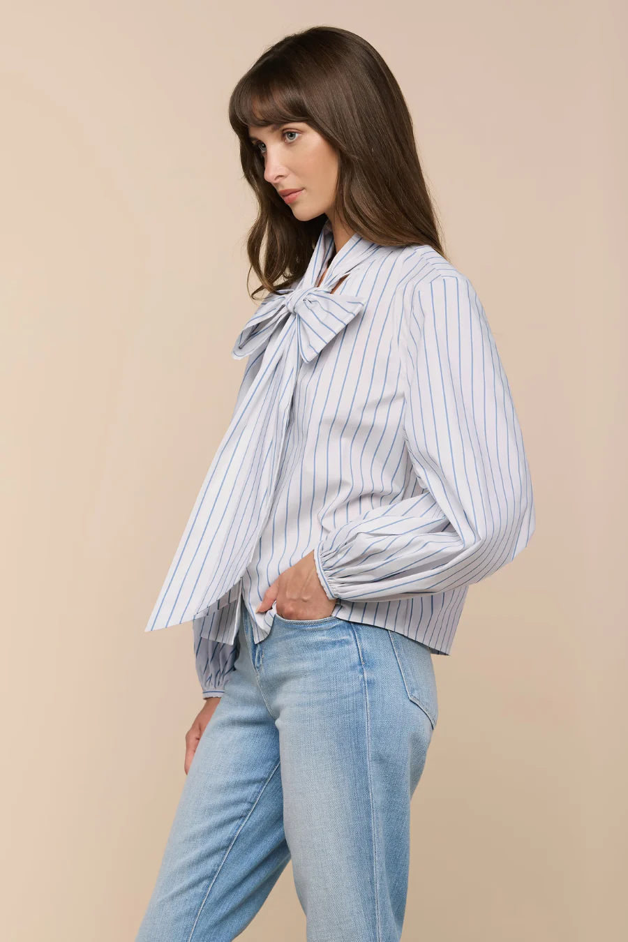 Deon Tie Neck Blouse White / Thin Blue Mist Stripe - Image 2