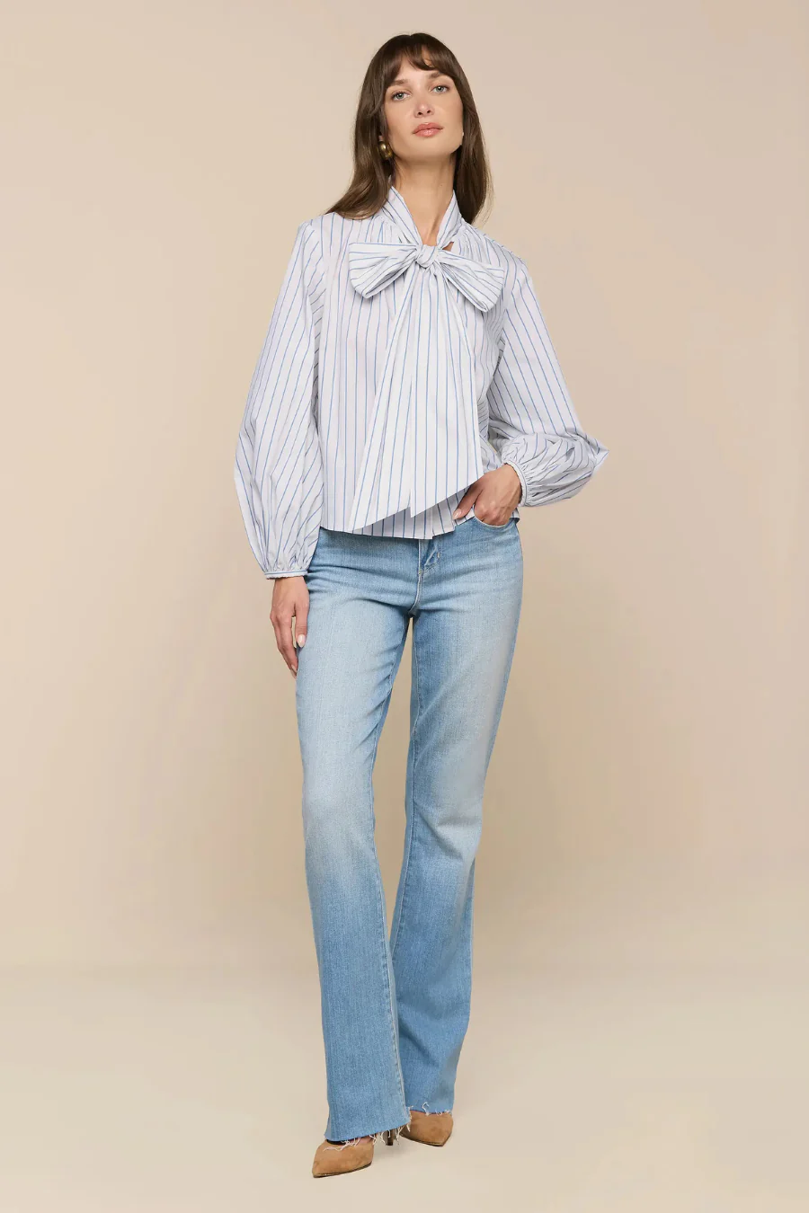 Deon Tie Neck Blouse White / Thin Blue Mist Stripe - Image 4