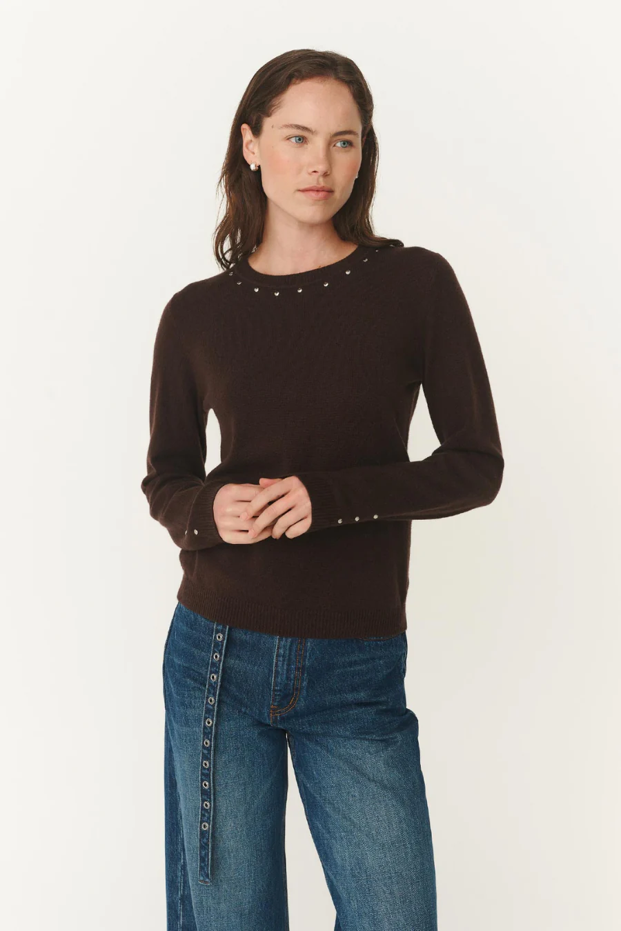 Emaline Stud Merino Knit Top Dark Cacao
