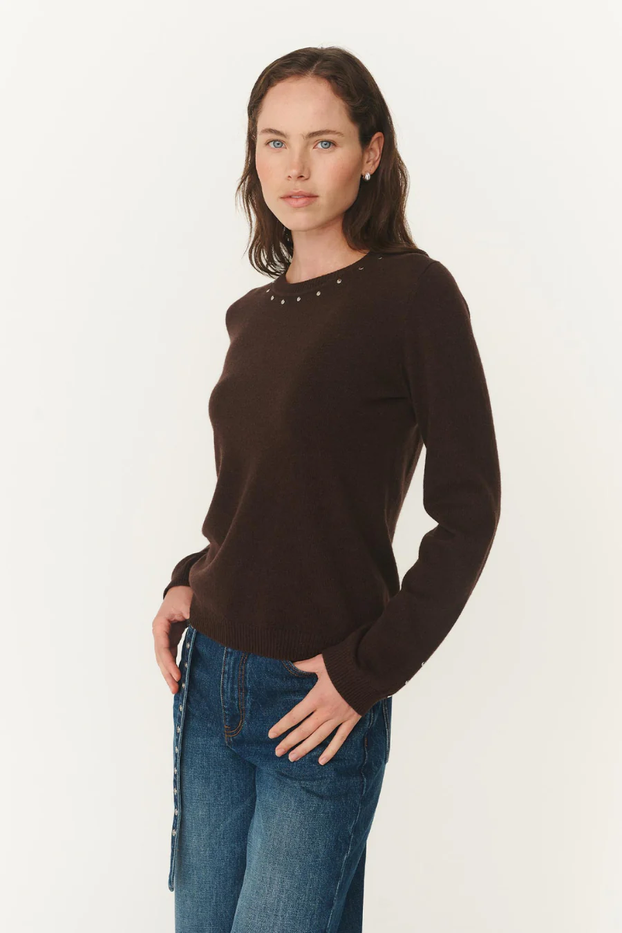 Emaline Stud Merino Knit Top Dark Cacao - Image 3