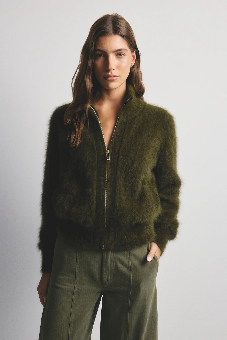 Felix Zip Up Cashmere Bomber Moss - Image 2