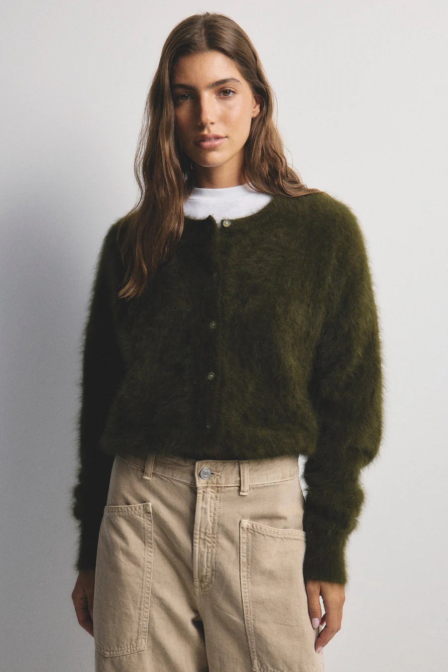 Frankie Cashmere Crew Neck Cardigan Moss - Image 2