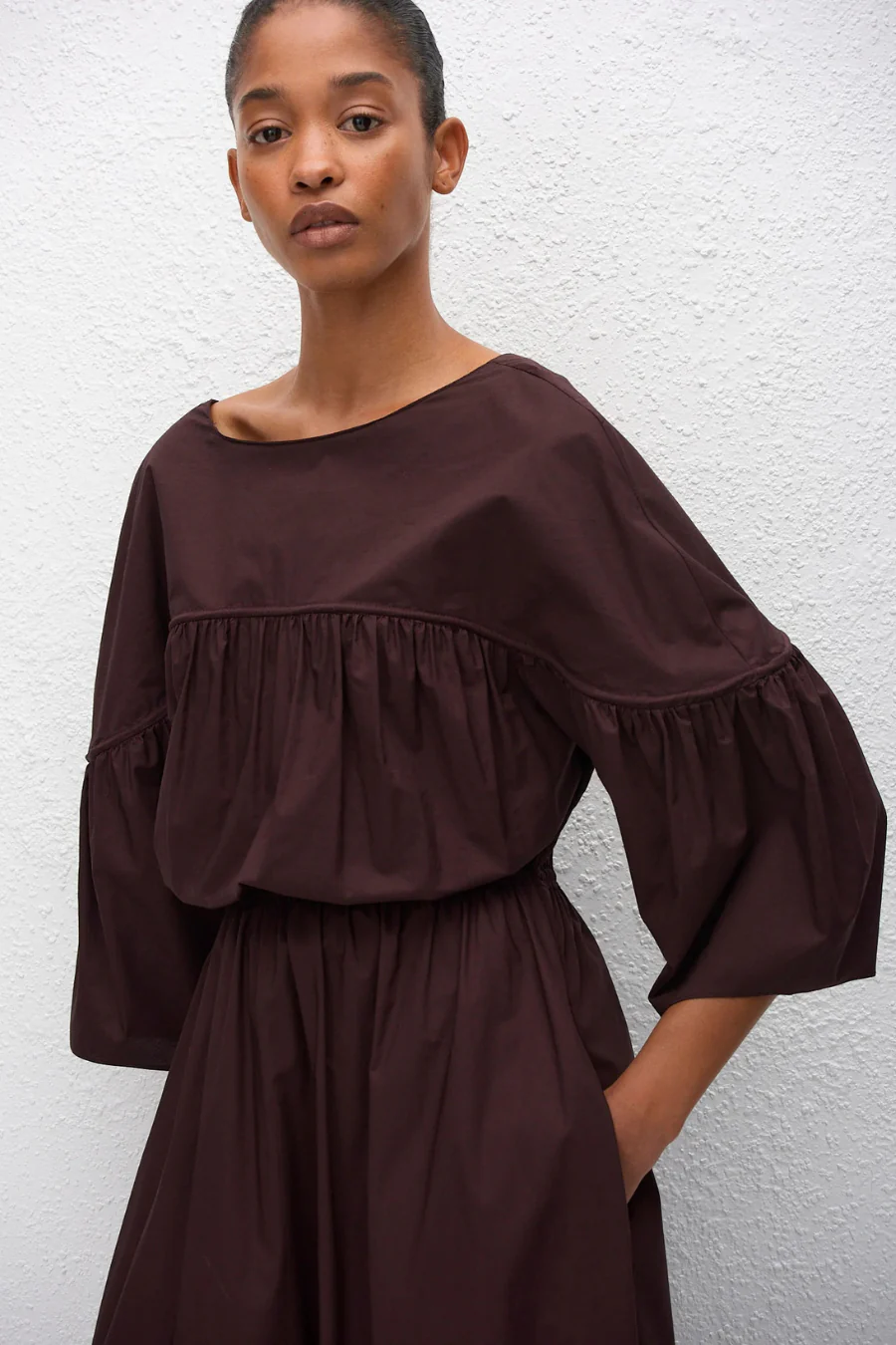 Gathered Yoke Midi Dress Aubergine - Image 3