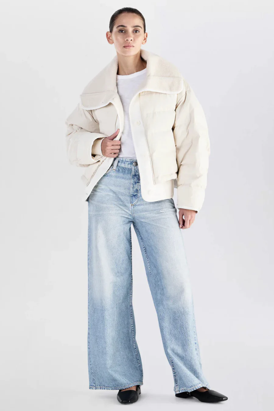 Gloria Mixed Media Puffer Jacket Off White - Image 3