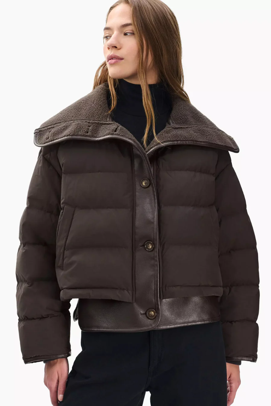 Gloria Mixed Media Puffer Jacket Brown