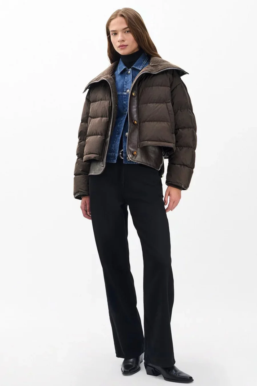 Gloria Mixed Media Puffer Jacket Brown - Image 2