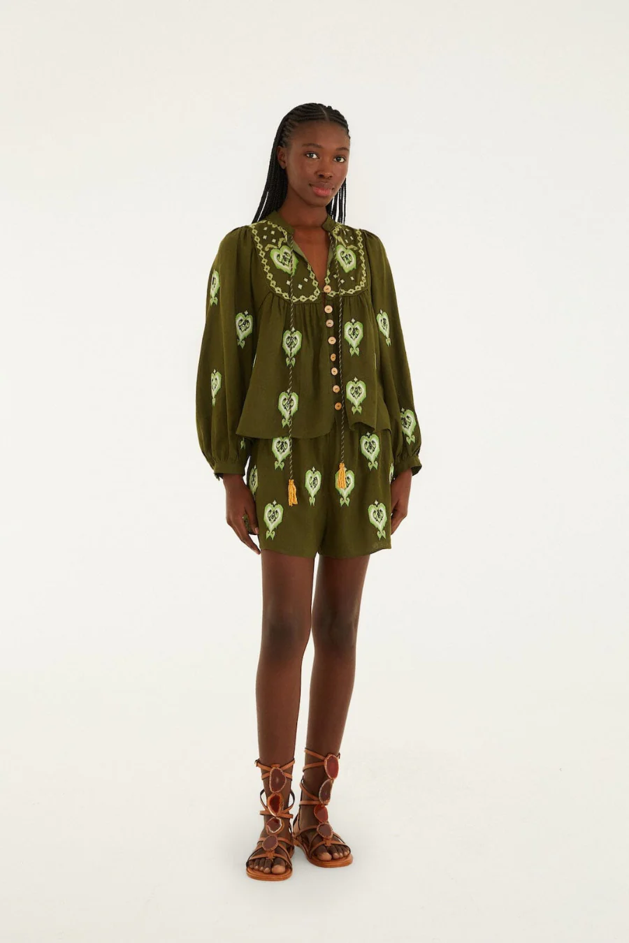 Heart Tapestry Embroidered Shorts Green - Image 2