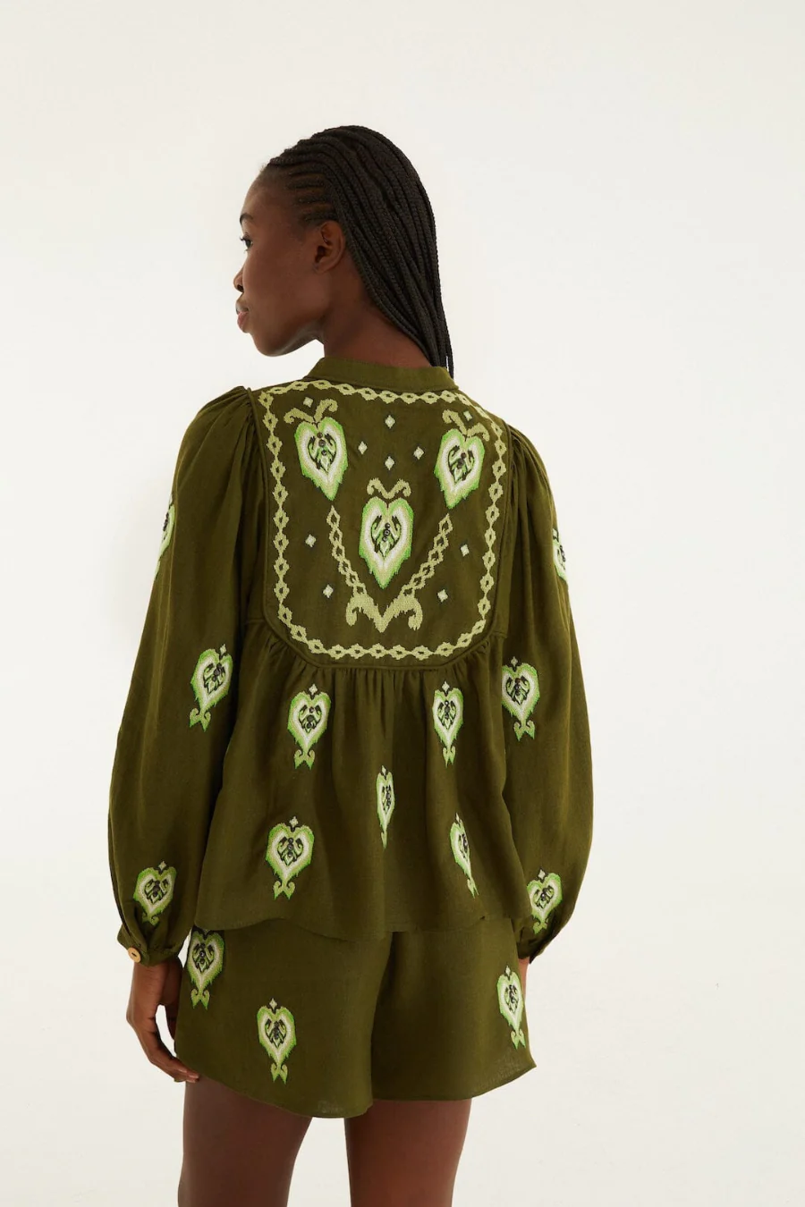 Heart Tapestry Embroidered Shorts Green - Image 3