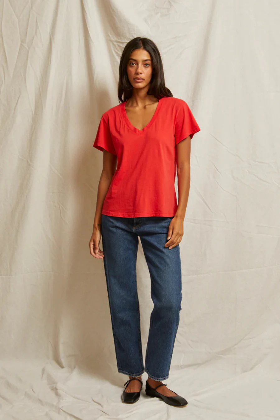 Hendrix Cotton Boxy V Neck Poppy Red - Image 2