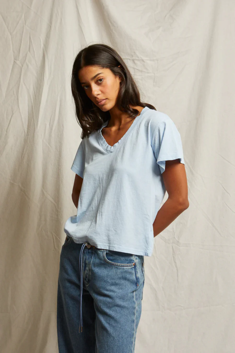 Hendrix Cotton Boxy V Neck Tee Sky Blue