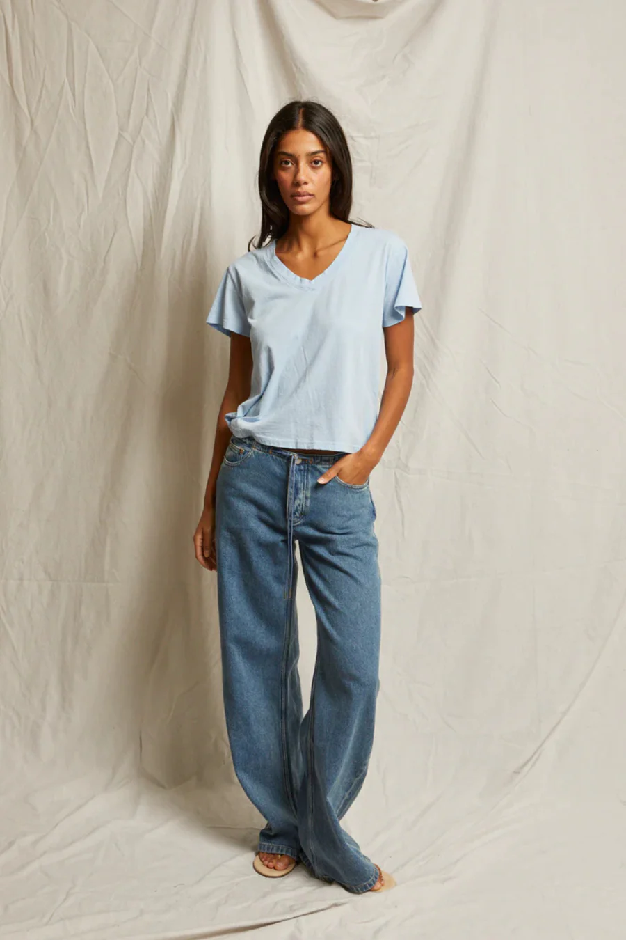 Hendrix Cotton Boxy V Neck Tee Sky Blue - Image 2