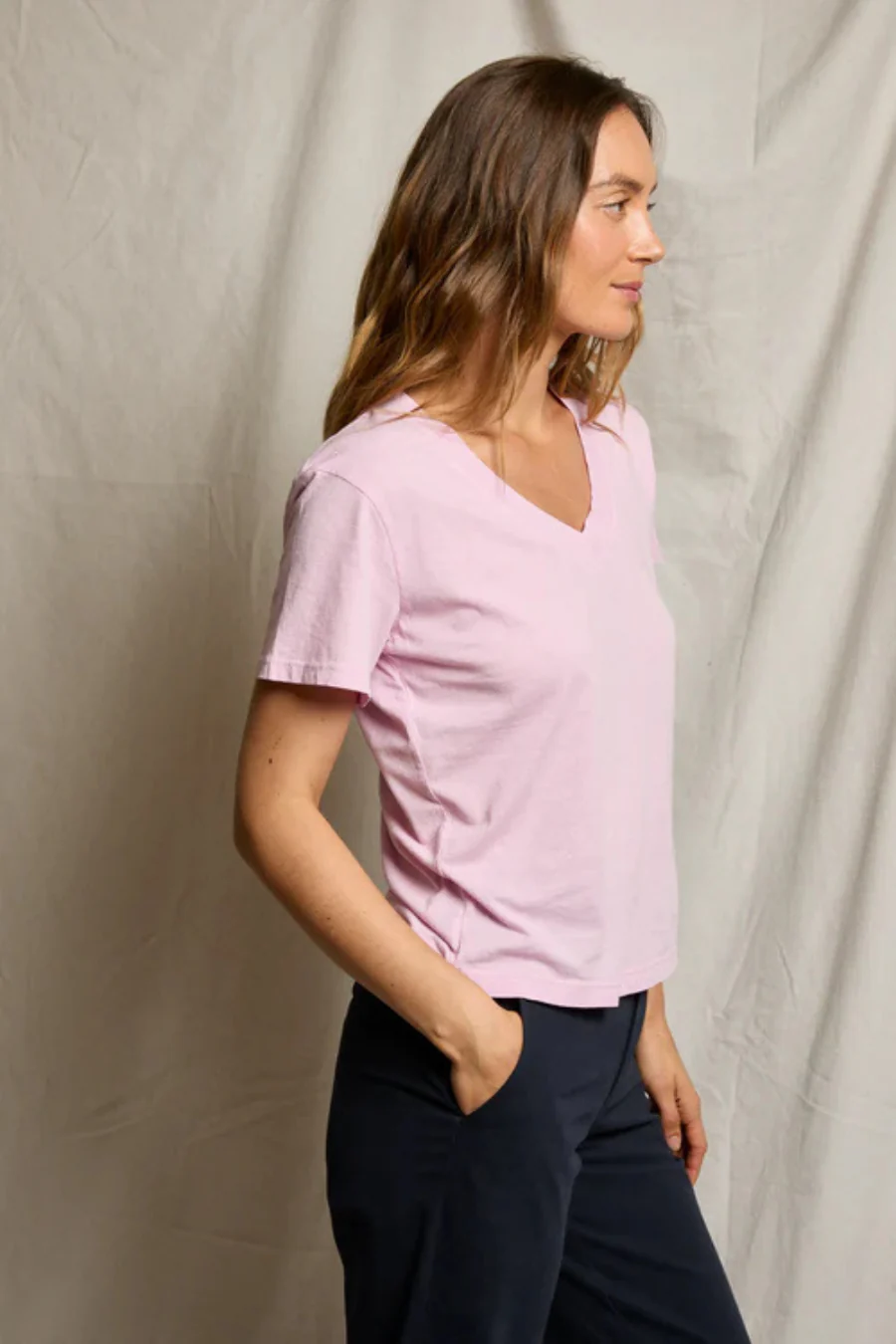 Hendrix Cotton Boxy V Neck Tee Sugar Pink - Image 2