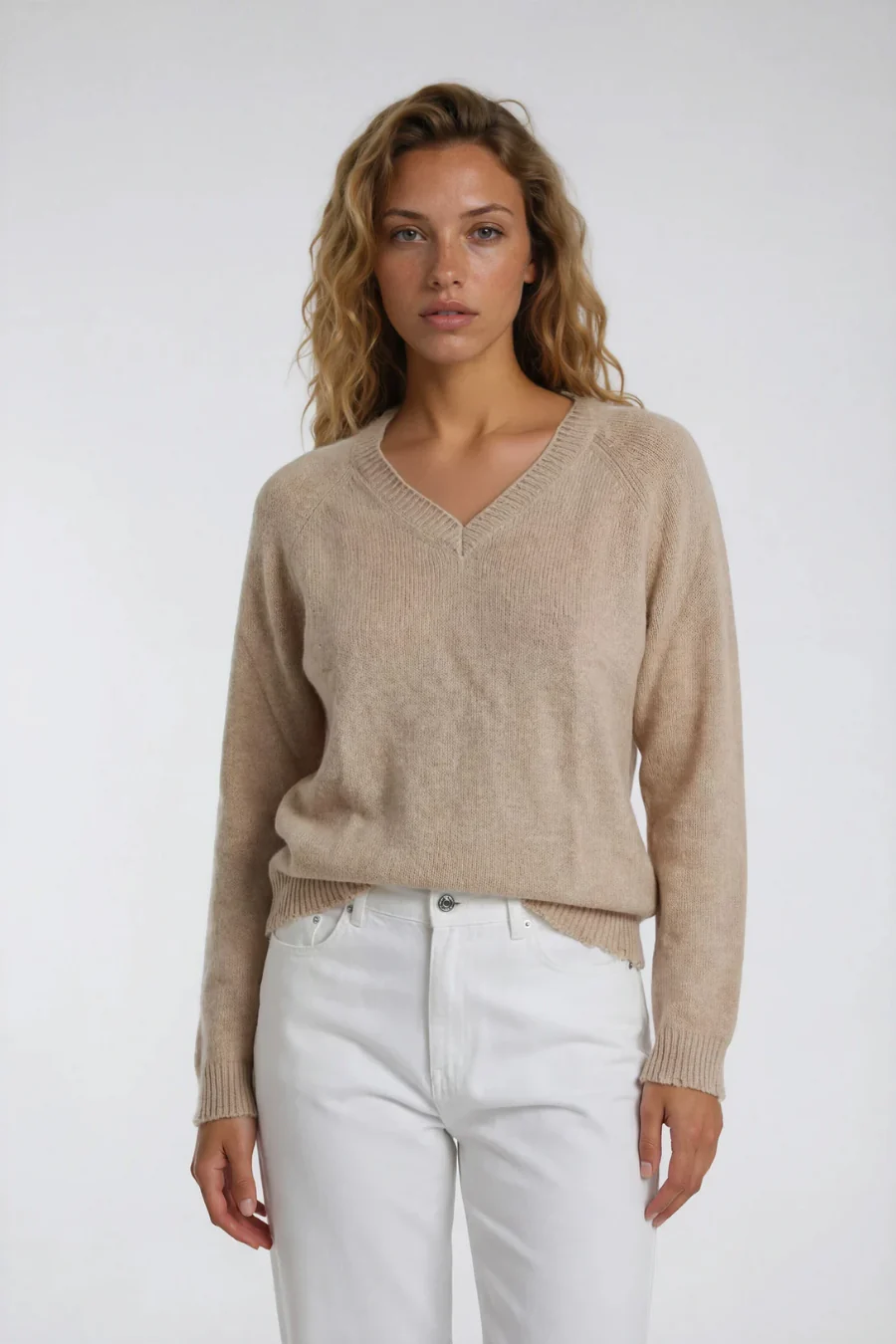 Jessie V-Neck Sweater Beige - Image 2