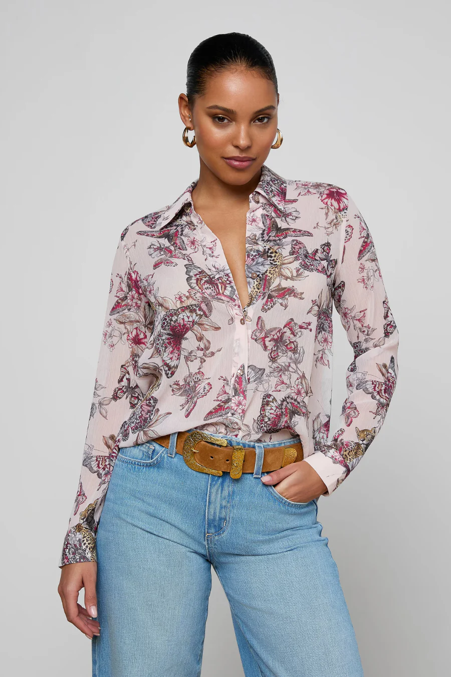 Laurent Blouse  Light Nectar Pink Small Multi Butterfly Jungle