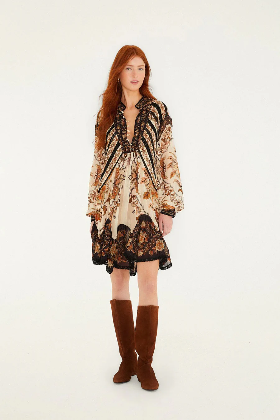 Majestic Garden Lace Long Sleeve Mini Dress Sand