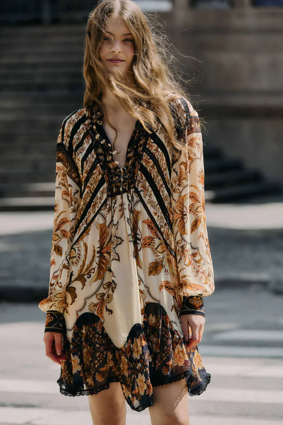 Majestic Garden Lace Long Sleeve Mini Dress Sand - Image 3