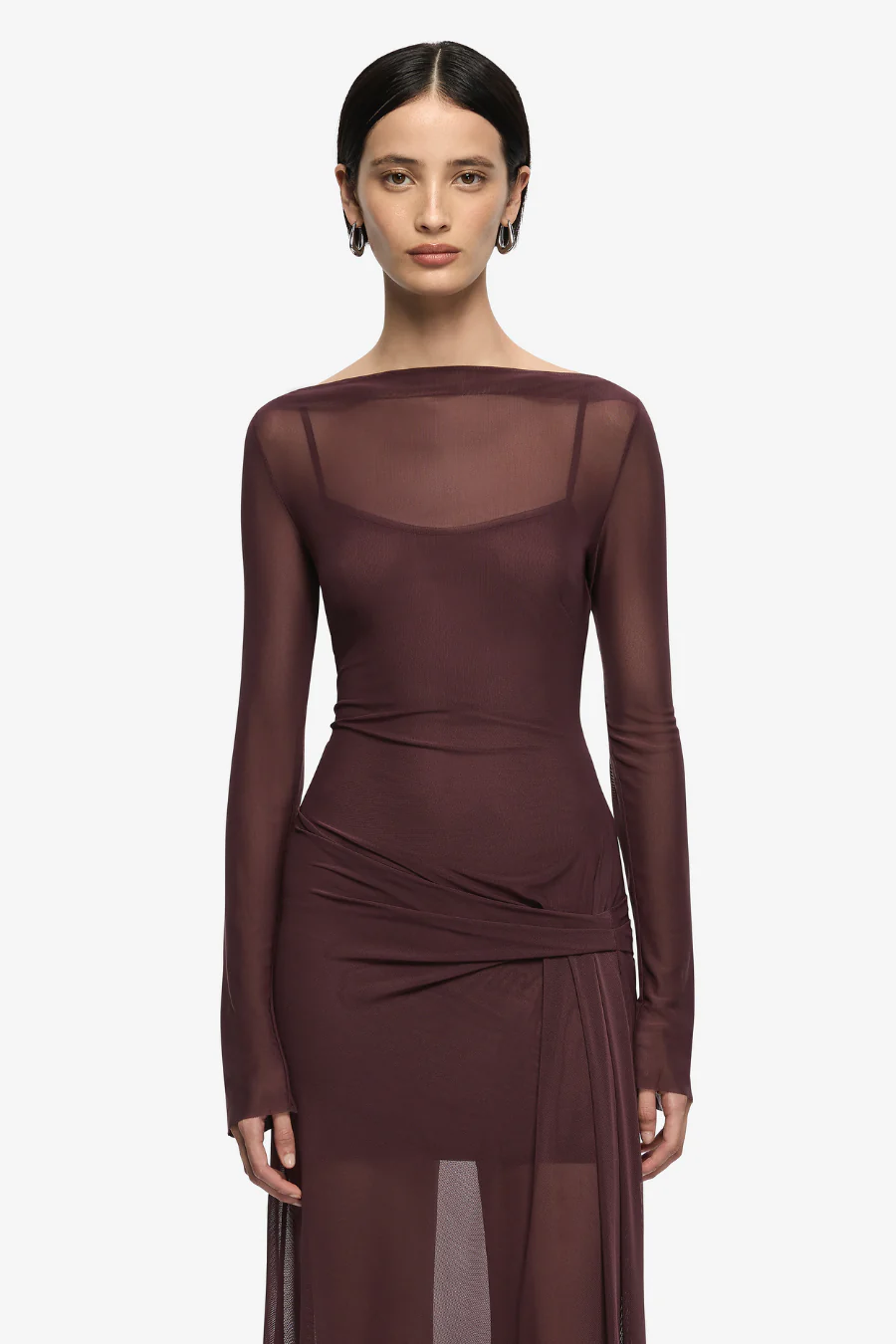 Marabou Long Sleeve Maxi Dress Aubergine - Image 3