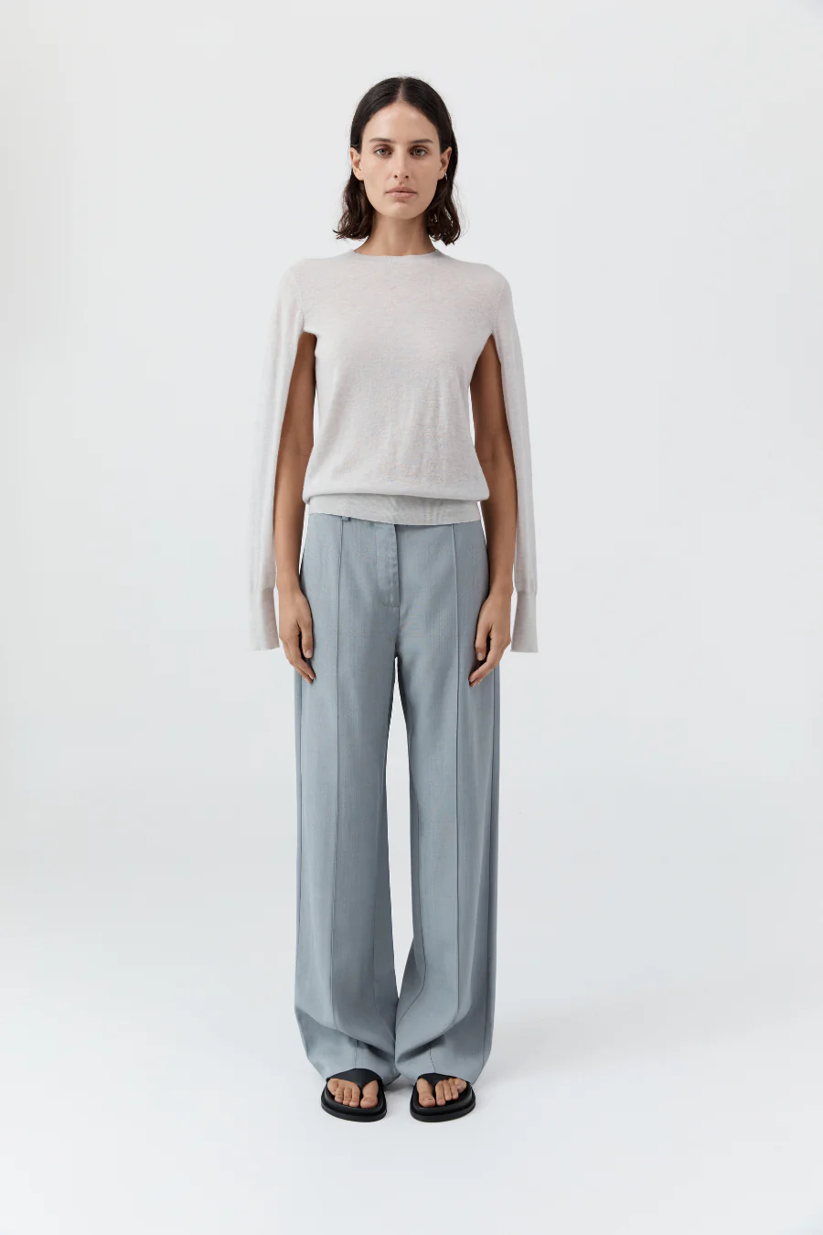 Merino Wool Slit Sleeve Sweater Light Grey Marle - Image 3