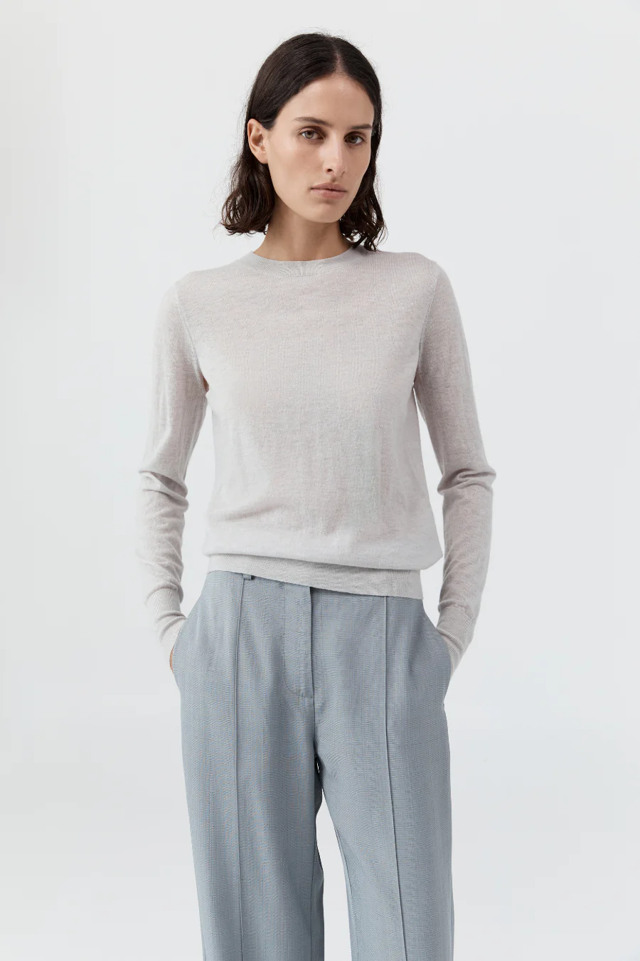 Merino Wool Slit Sleeve Sweater Light Grey Marle - Image 4