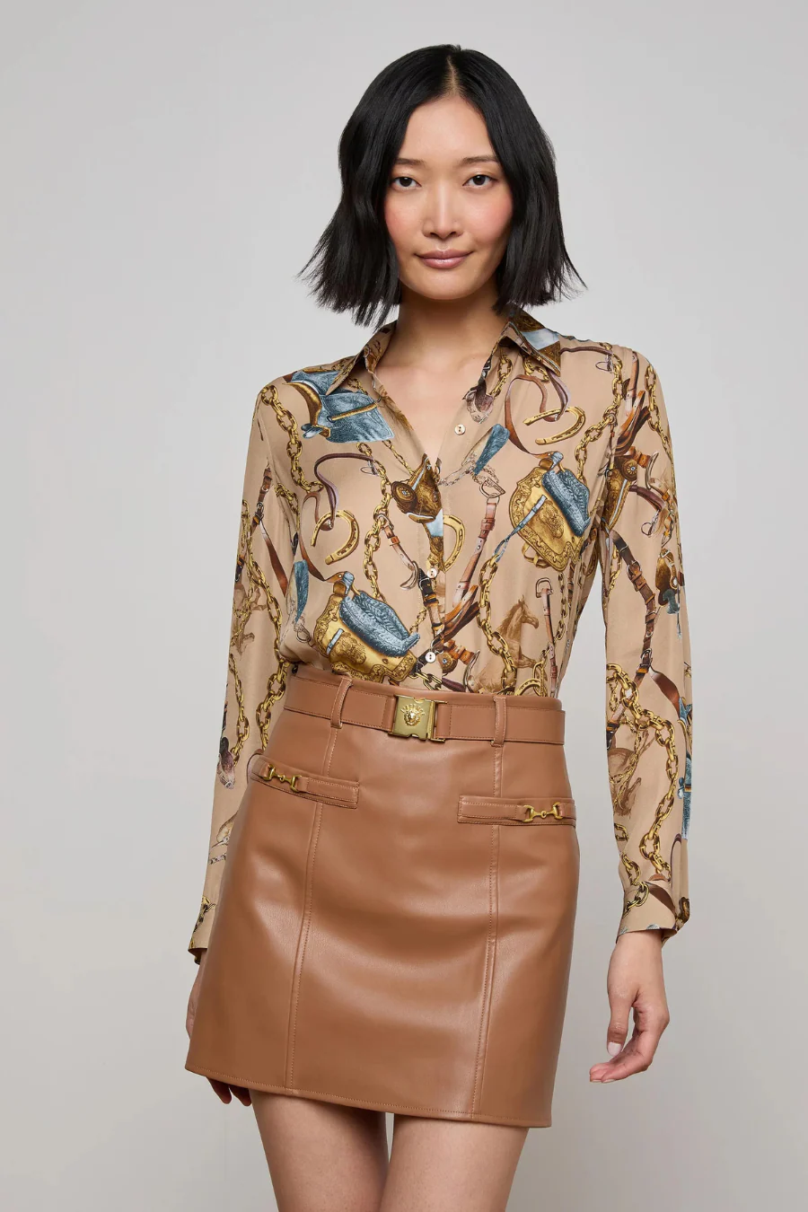 Nina Silk Blouse Dark Cappucino Multi Equestrian Saddle - Image 3