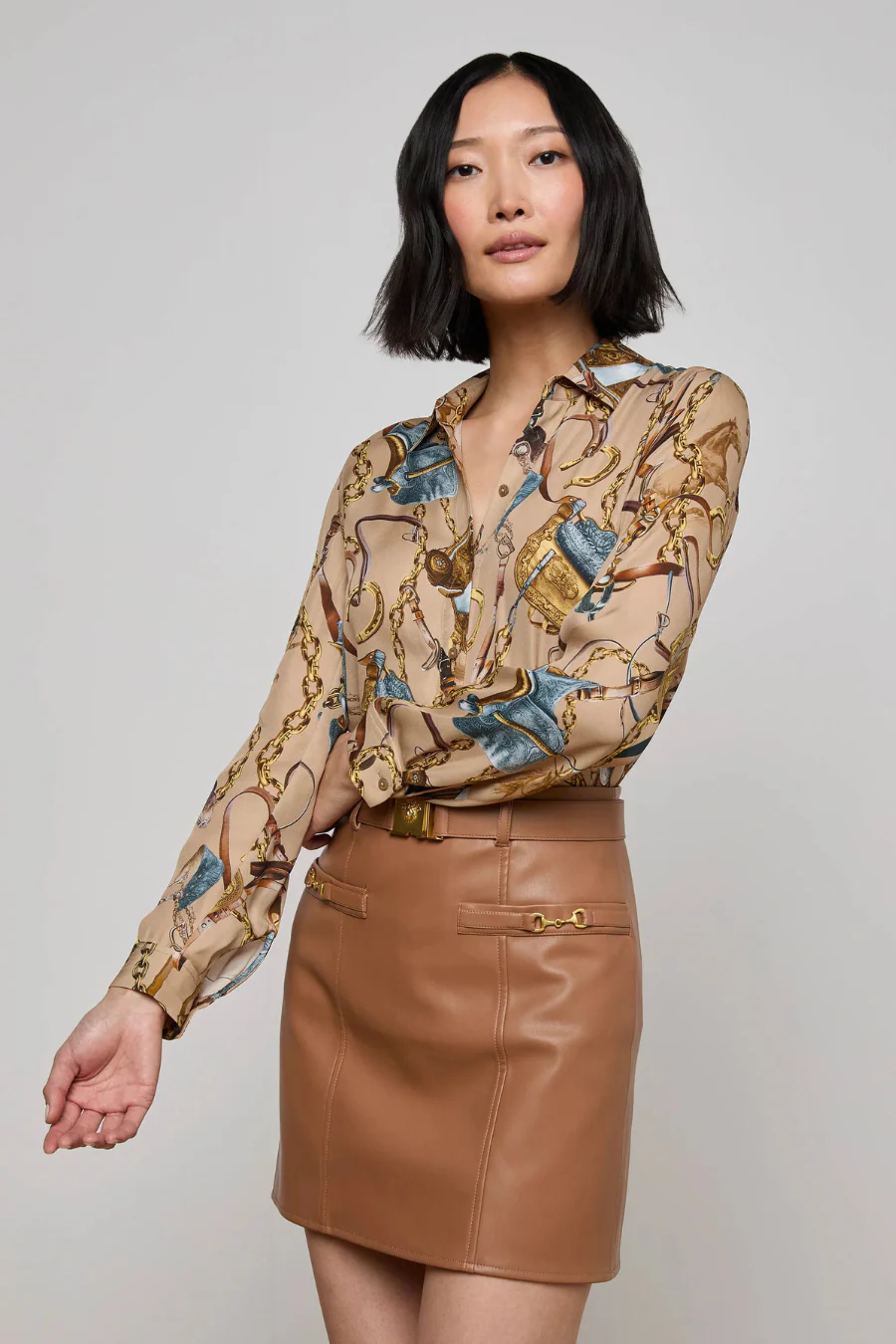 Nina Silk Blouse Dark Cappucino Multi Equestrian Saddle - Image 4