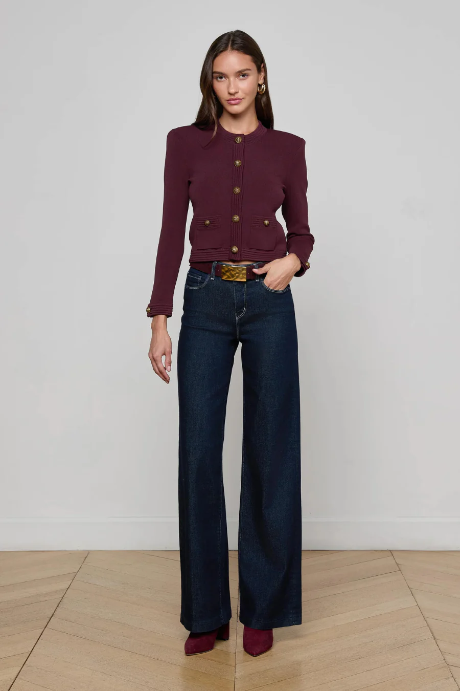 Patsy Crop Crew Cardigan Malbec/ Gold