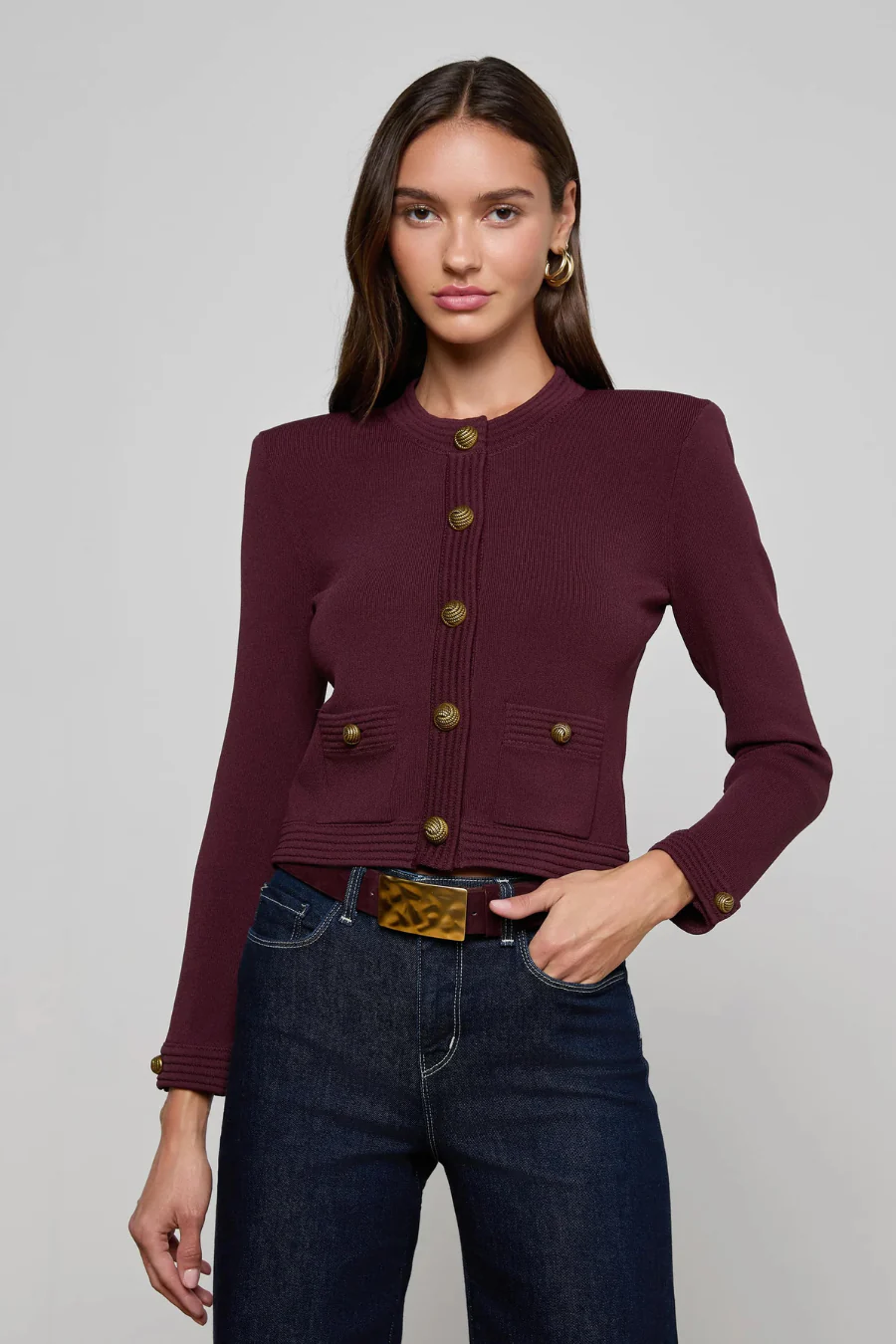 Patsy Crop Crew Cardigan Malbec/ Gold - Image 3