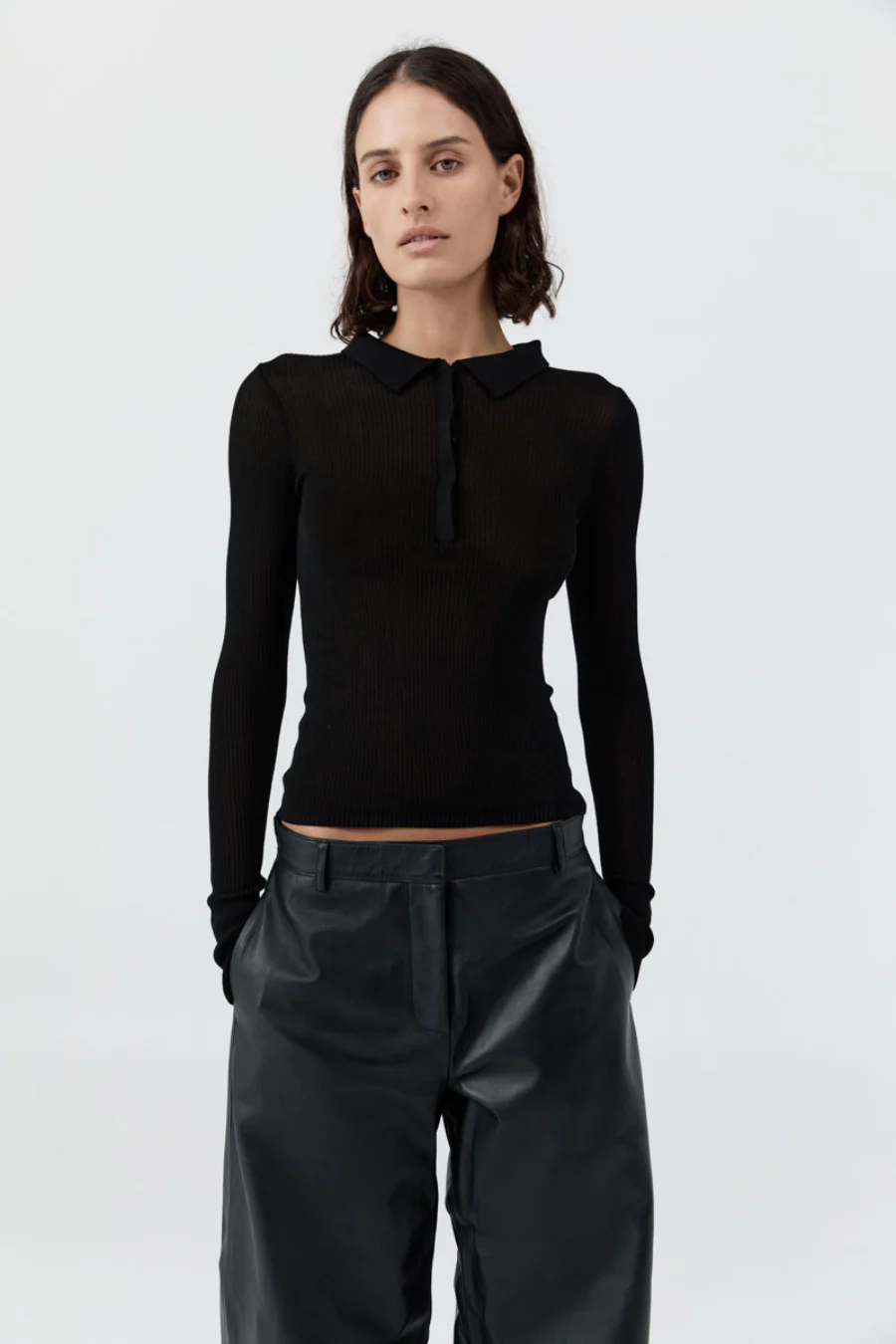 Petite Polo Knit Top Black