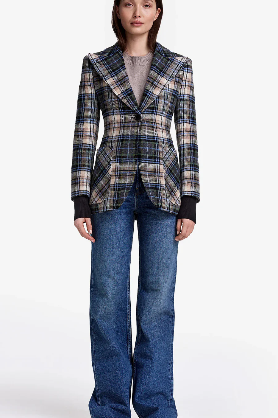 Rib Cuff Birkin Blazer Multi Plaid With Black - Image 3