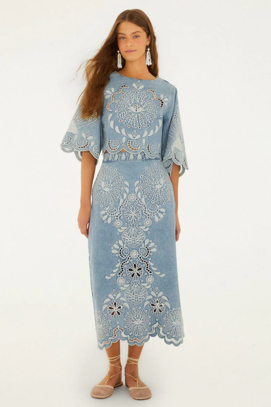 Richelieu Kimono Sleeves Cropped Blouse Denim