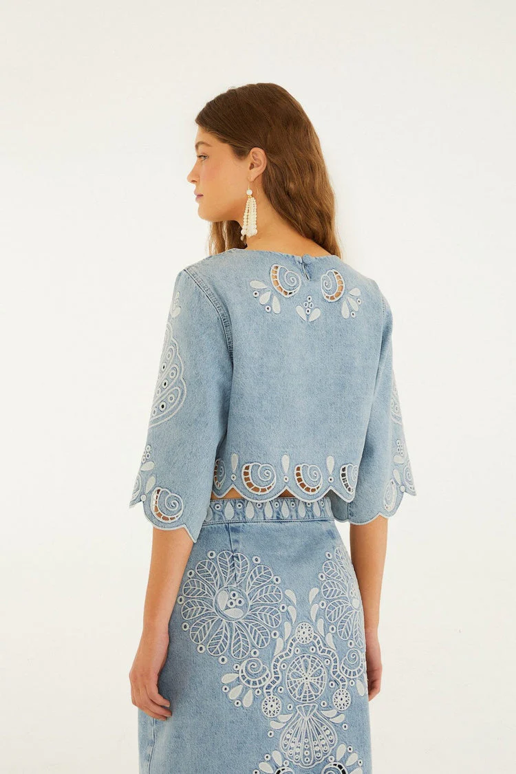 Richelieu Kimono Sleeves Cropped Blouse Denim - Image 2