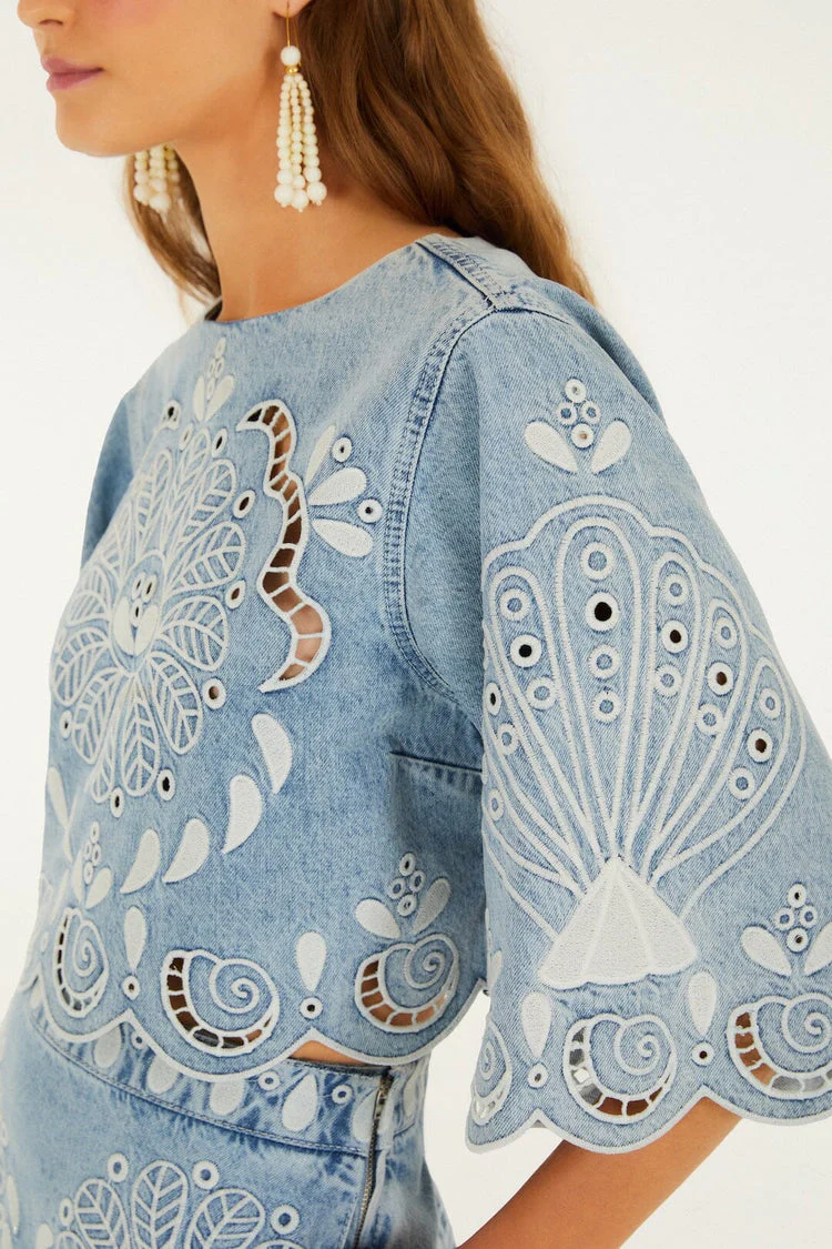 Richelieu Kimono Sleeves Cropped Blouse Denim - Image 3