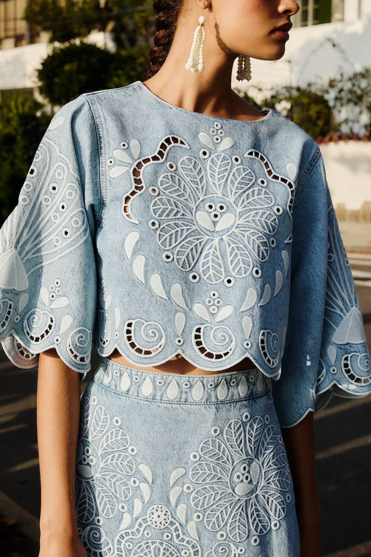 Richelieu Kimono Sleeves Cropped Blouse Denim - Image 5