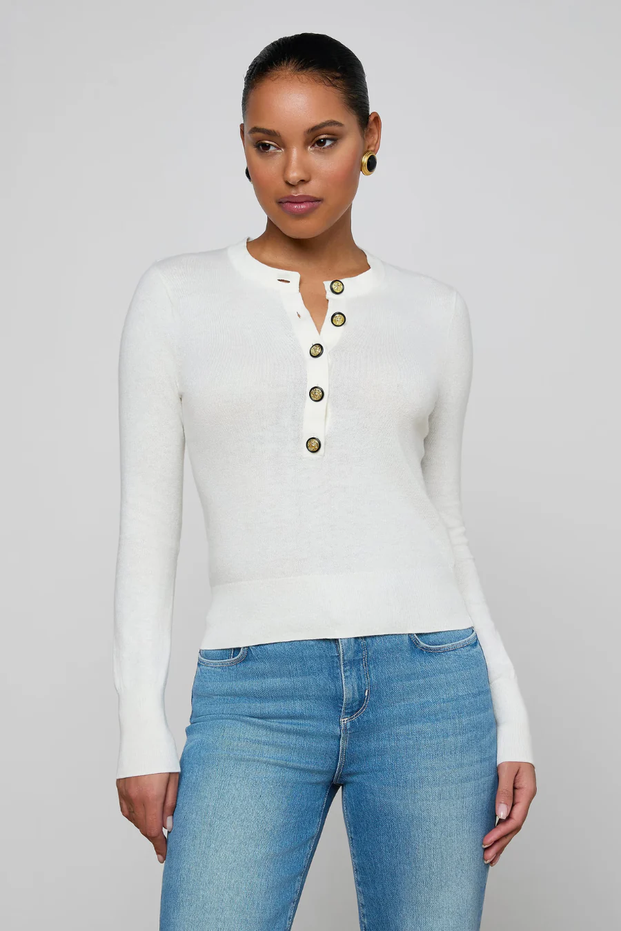 Ronda Knit Henley Pullover Ivory/ Gold