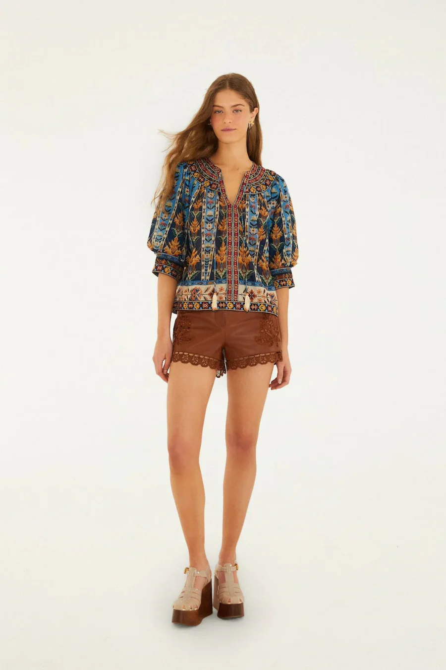 Short Sleeve Embroidered Tapestry Blouse Blue