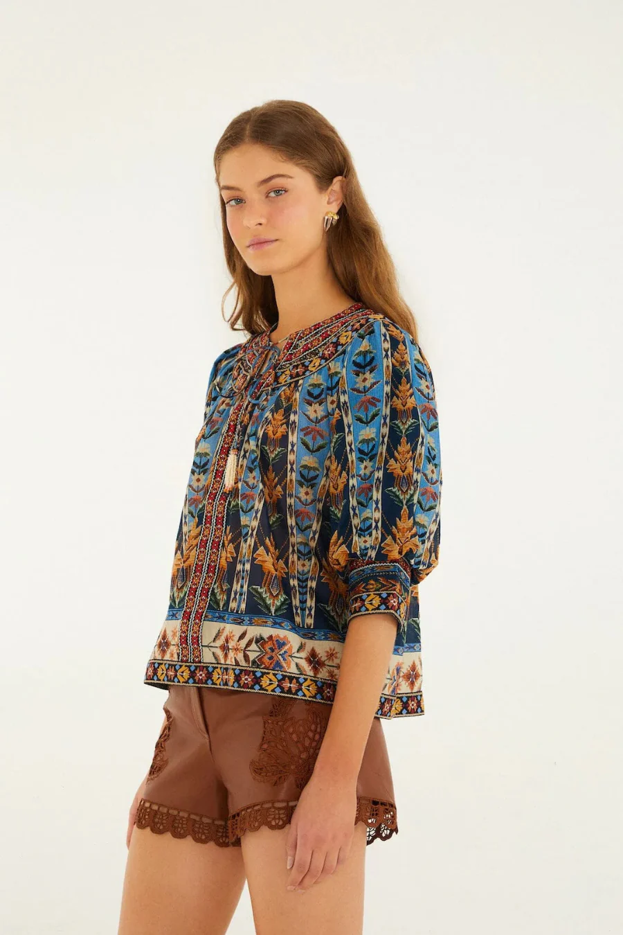 Short Sleeve Embroidered Tapestry Blouse Blue - Image 2