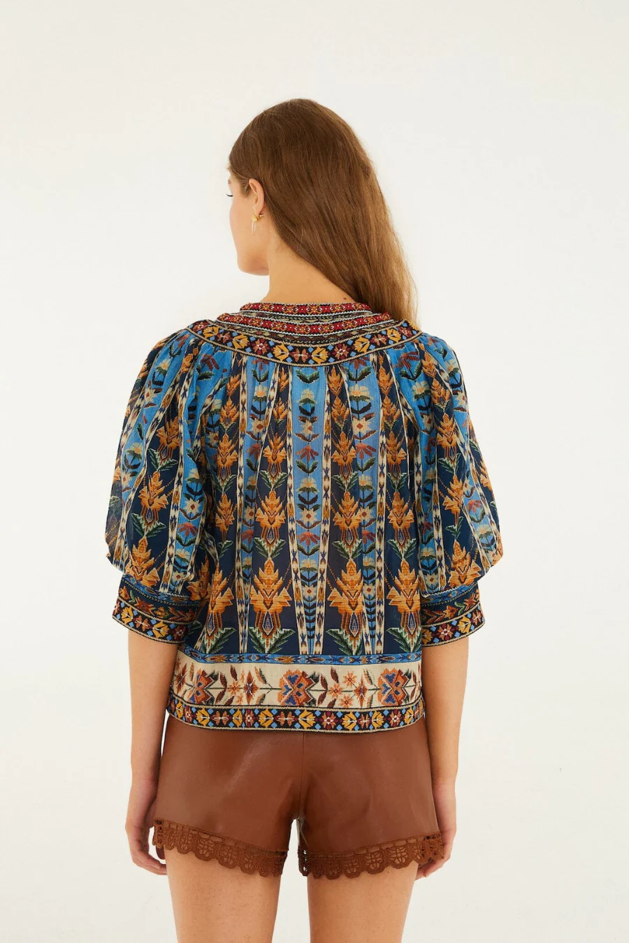 Short Sleeve Embroidered Tapestry Blouse Blue - Image 3