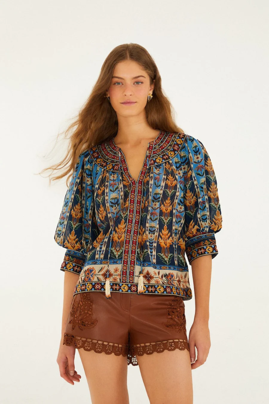 Short Sleeve Embroidered Tapestry Blouse Blue - Image 4