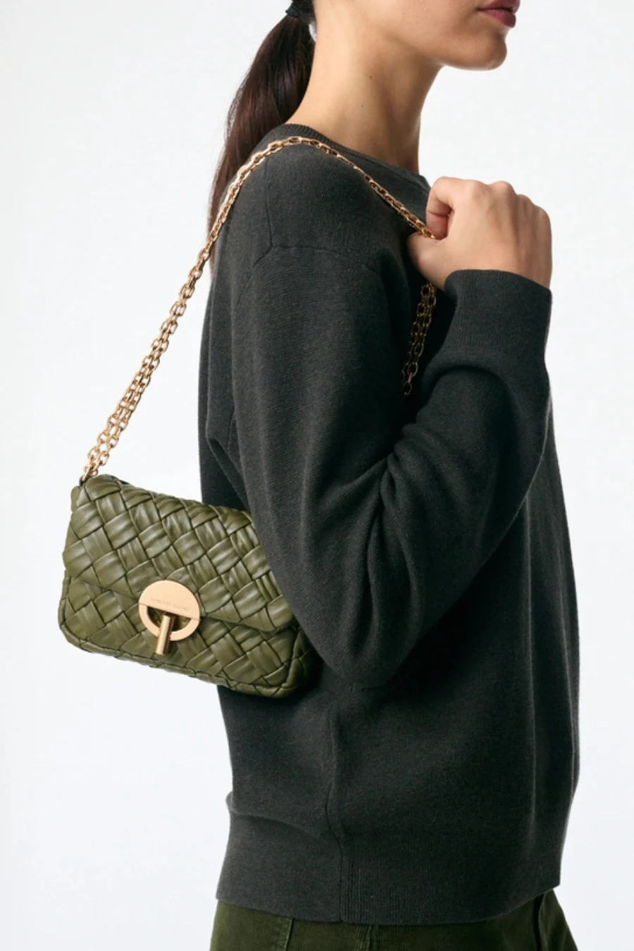 Small Braided Leather Moon Bag Khaki - Image 2