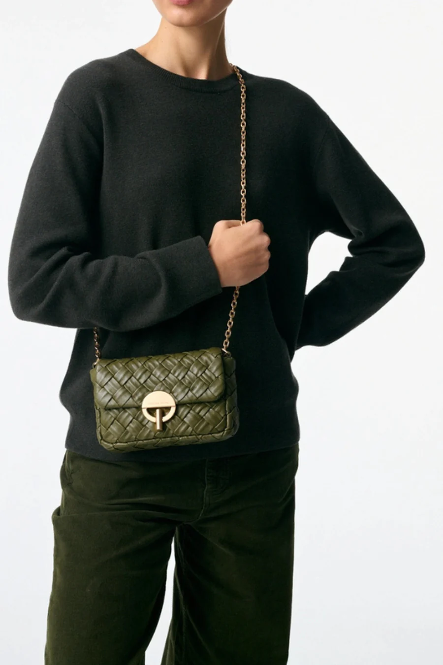 Small Braided Leather Moon Bag Khaki - Image 3